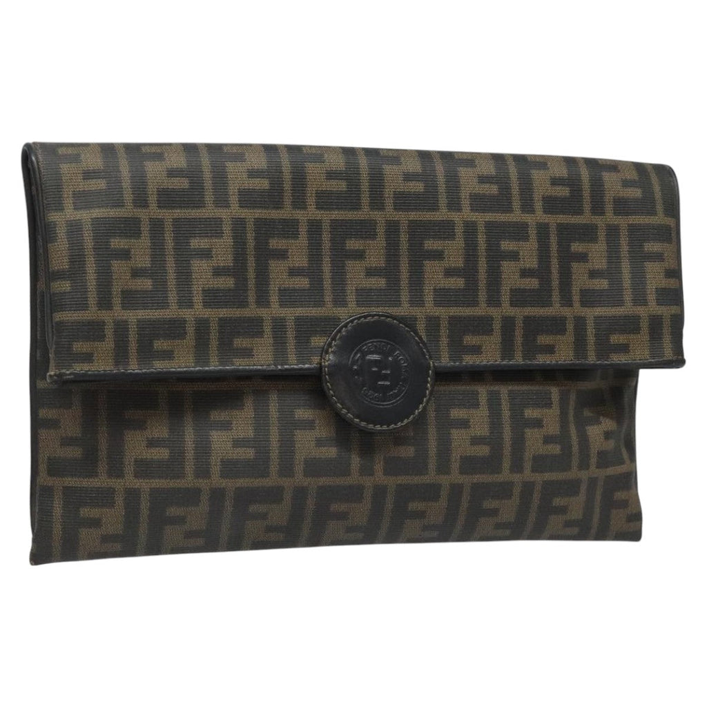 FENDI Zucca Canvas Clutch Bag PVC Brown Black goldmr981