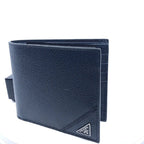 Prada Vitello Micro Grain Navy Blue Leather Triangle Logo Bifold Wallet