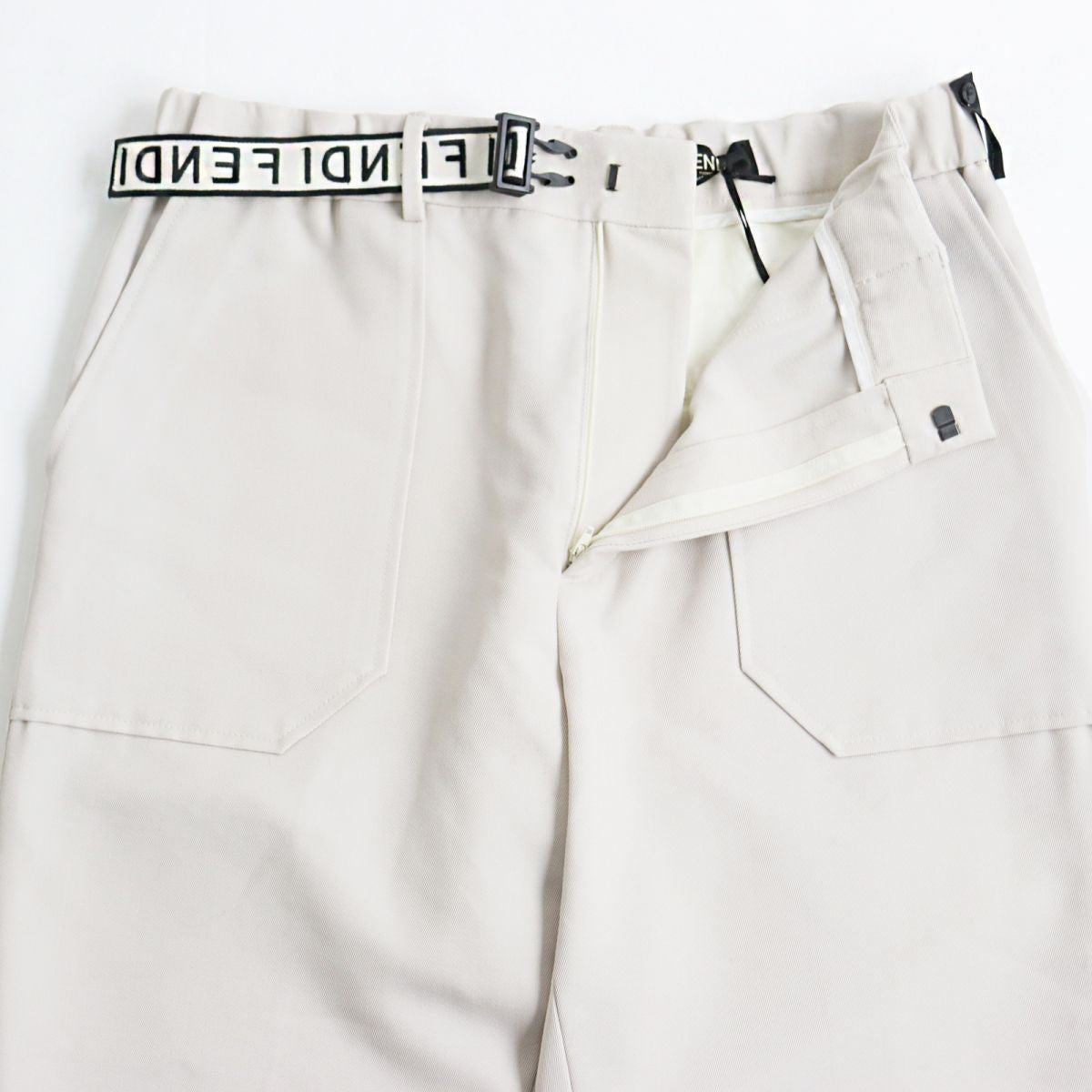 Fendi Wool Twill Pants FF Logo Belt Off-White