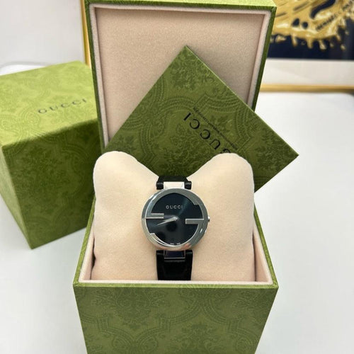 Gucci Black Leather Watch Silver Case Mens Timepiece