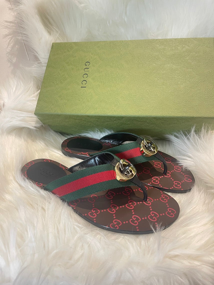 Gucci Lifford Flat Sandals Red Green Monogram Sandals