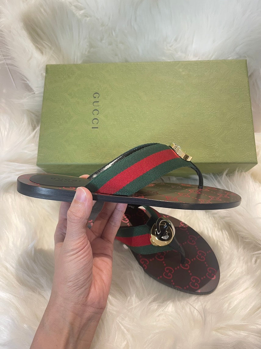 Gucci Lifford Flat Sandals Red Green Monogram Sandals
