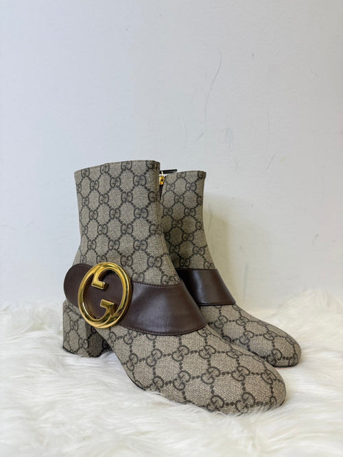 Gucci Beige GG Canvas Leather Gold Logo Short Boots Size 37