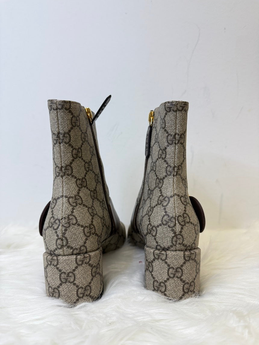 Gucci Beige GG Canvas Leather Gold Logo Short Boots Size 37