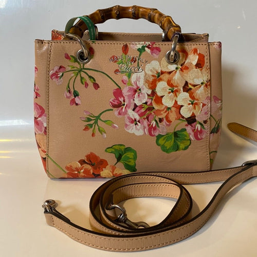 Gucci Floral Print Small Bamboo Handle Bag in Beige Leather