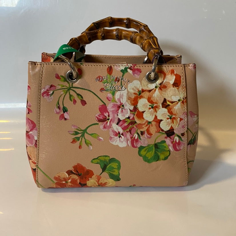 Gucci Floral Print Small Bamboo Handle Bag in Beige Leather
