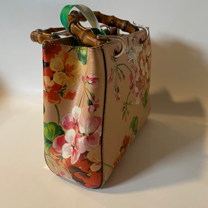 Gucci Floral Print Small Bamboo Handle Bag in Beige Leather