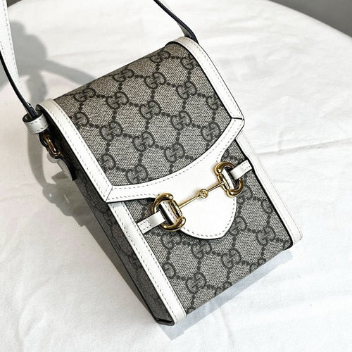 Gucci Monogram Beige Leather Phone Case Bag White Trim