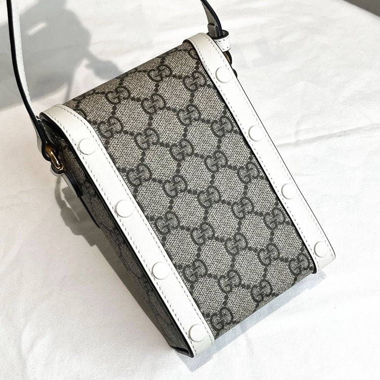 Gucci Monogram Beige Leather Phone Case Bag White Trim