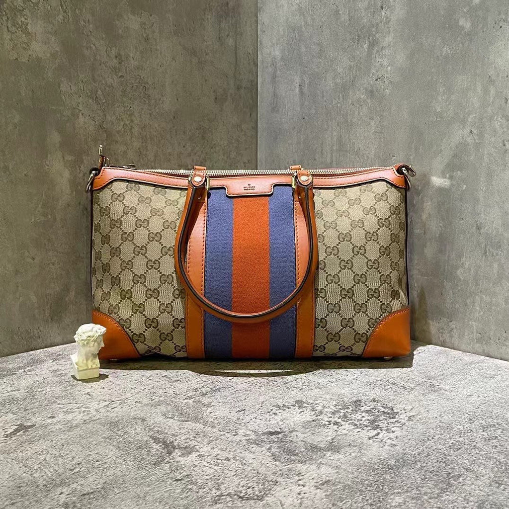 Gucci Beige Orange Stripe Monogram Canvas Tote Bag Medium
