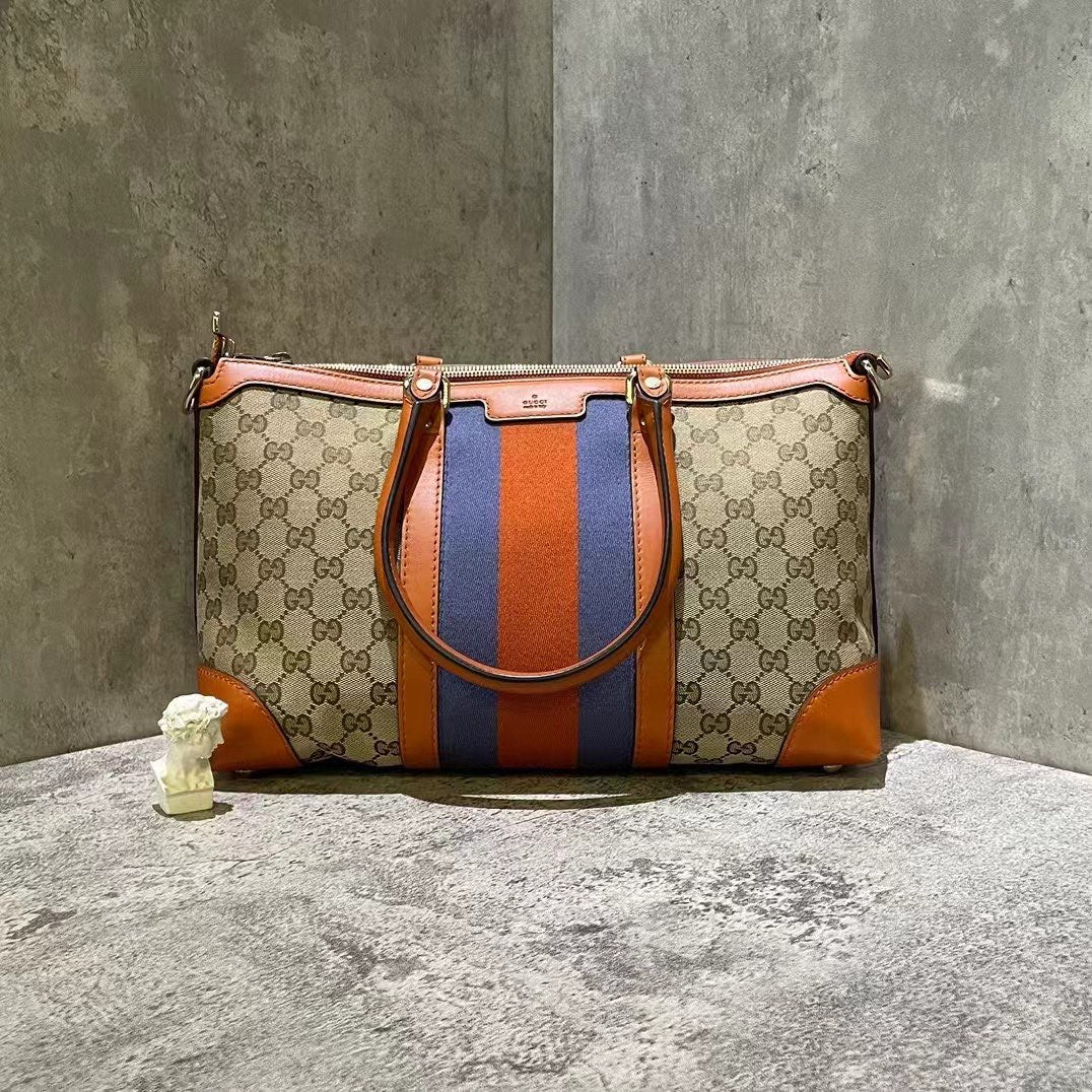 Gucci Beige Orange Stripe Monogram Canvas Tote Bag Medium