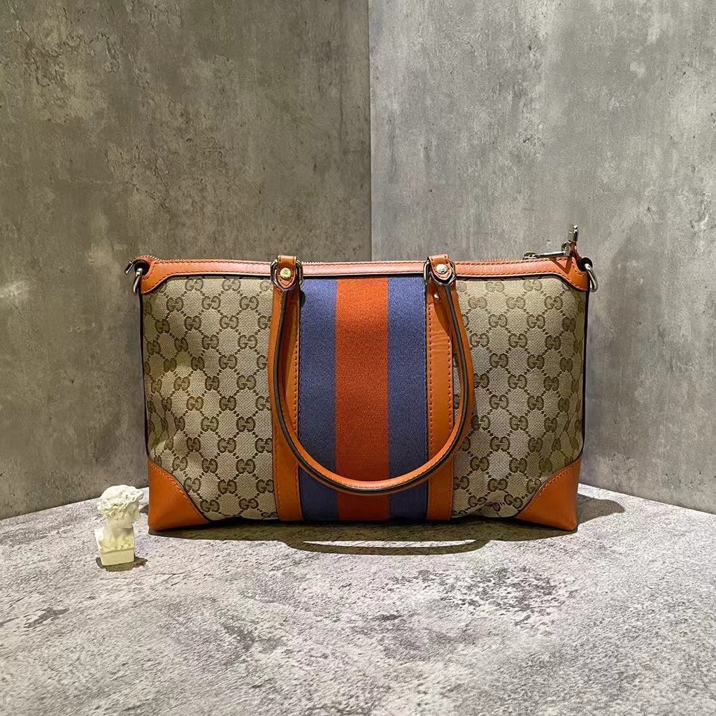Gucci Beige Orange Stripe Monogram Canvas Tote Bag Medium