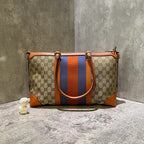 Gucci Beige Orange Stripe Monogram Canvas Tote Bag Medium