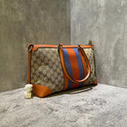 Gucci Beige Orange Stripe Monogram Canvas Tote Bag Medium
