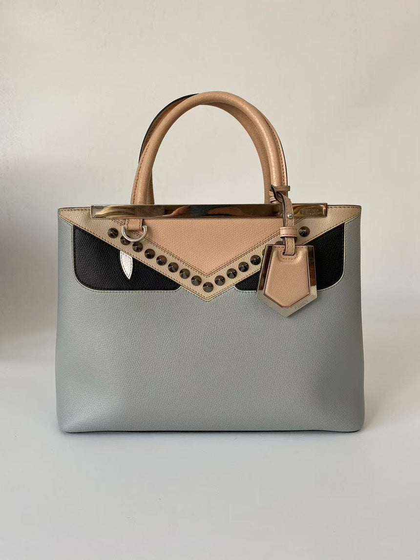 Fendi Peekaboo Beige Gray Black Leather Studded Handbag Medium