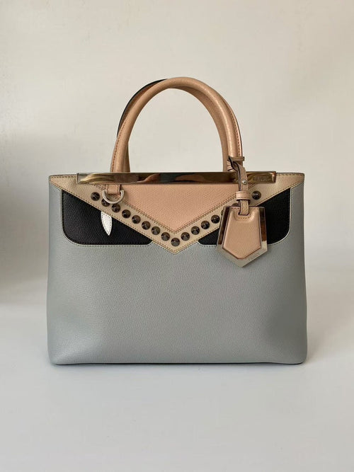 Fendi Peekaboo Beige Gray Black Leather Studded Handbag Medium
