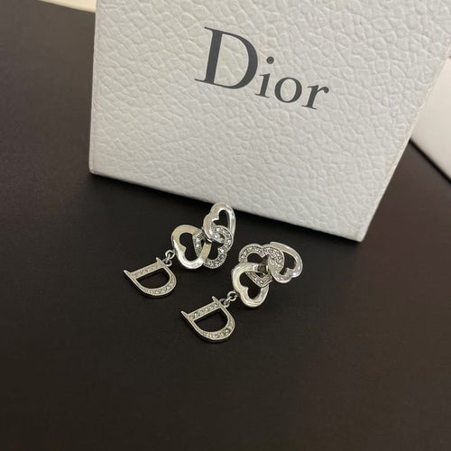 Dior Silver Crystal Dangle Heart Earrings