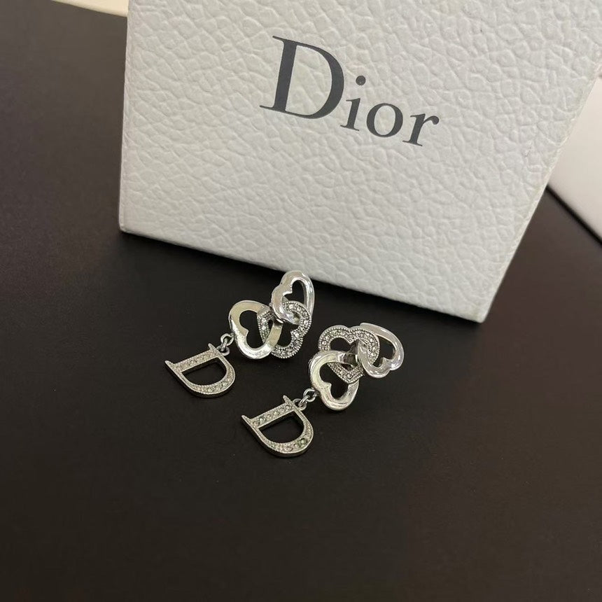 Dior Silver Crystal Dangle Heart Earrings