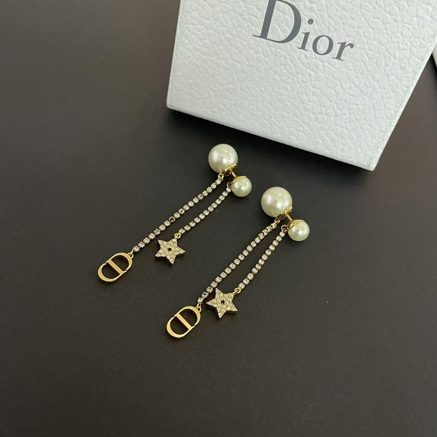 Dior Gold Pearl Crystal Star Drop Earrings