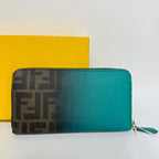 Fendi Zucca Teal Brown Leather Canvas Zippy Long Wallet