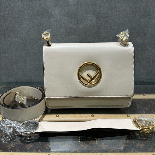 Fendi Kan I F Medium Beige Leather Shoulder Bag 25x19x9cm