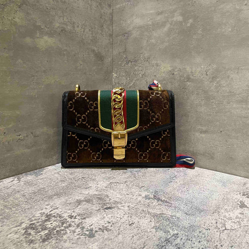 Gucci Sylvie Brown Velvet Monogram Shoulder Bag Medium