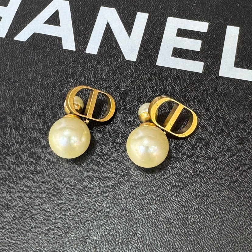 Dior Gold Pearl Logo Earrings