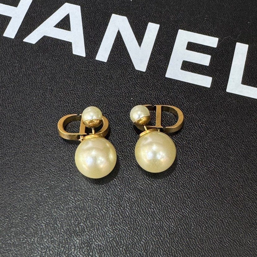 Dior Gold Pearl Logo Earrings