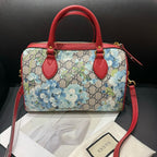 Gucci Boston Floral Print Canvas Handbag Red Trim Medium