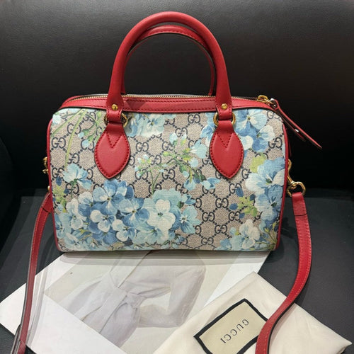 Gucci Boston Floral Print Canvas Handbag Red Trim Medium