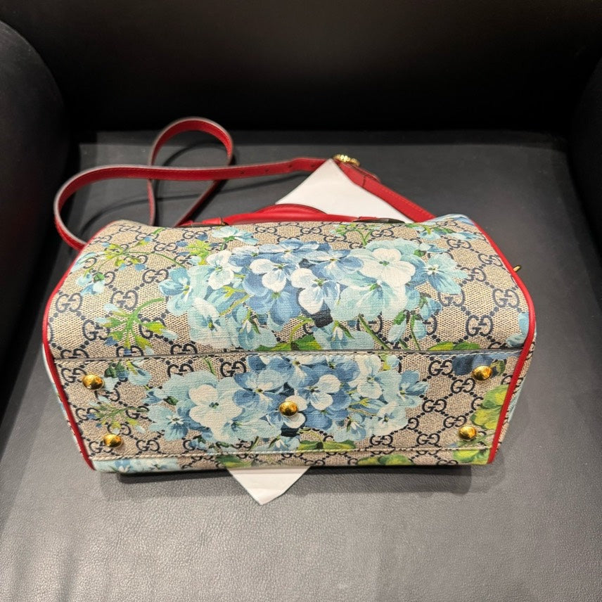 Gucci Boston Floral Print Canvas Handbag Red Trim Medium