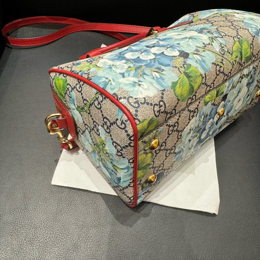 Gucci Boston Floral Print Canvas Handbag Red Trim Medium