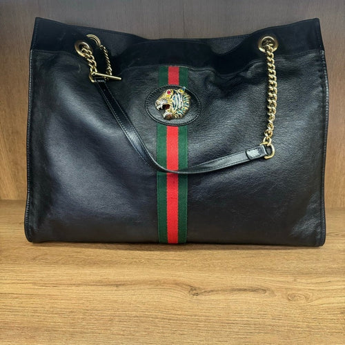 Gucci Black Leather Chain Tote Bag Large