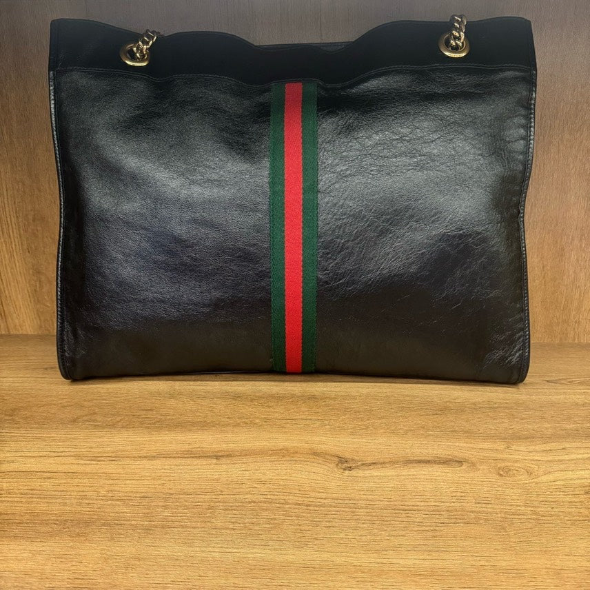 Gucci Black Leather Chain Tote Bag Large