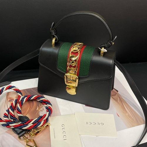 Gucci Sylvie Small Black Leather Handbag Green Red Stripe Gold Chain