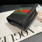 Gucci Sylvie Small Black Leather Handbag Green Red Stripe Gold Chain
