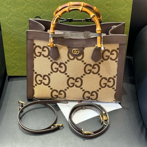Gucci Diana Brown Canvas Bamboo Handle Tote Bag 34.5x28x10cm