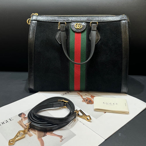 Gucci Black Suede Leather Stripe Tote Bag 33x17x25cm