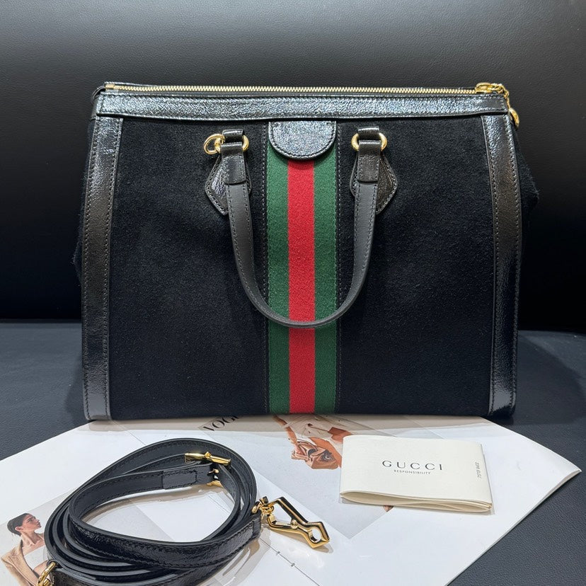 Gucci Black Suede Leather Stripe Tote Bag 33x17x25cm