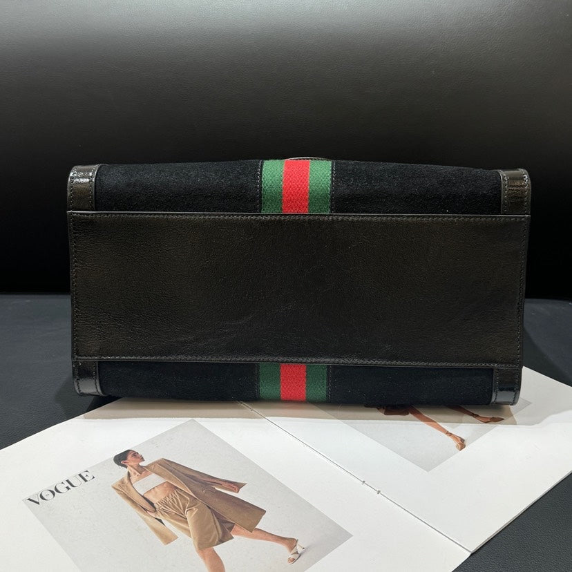Gucci Black Suede Leather Stripe Tote Bag 33x17x25cm