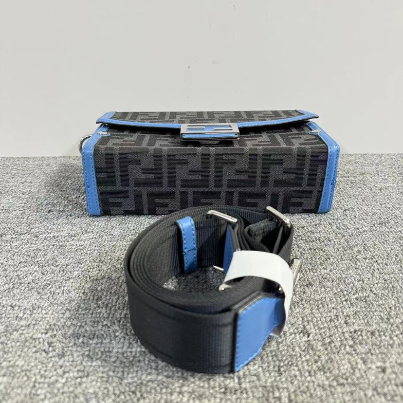 Fendi Kan I Black Blue Canvas Shoulder Bag
