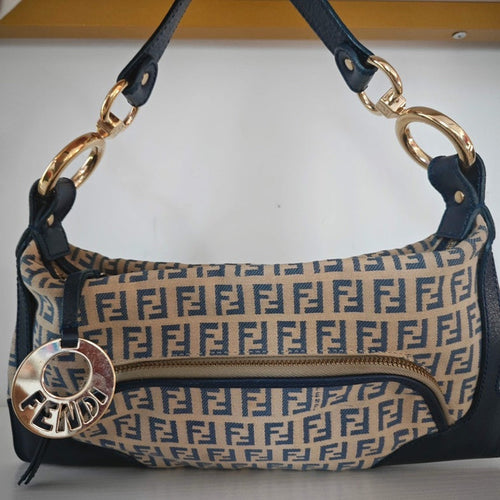 Fendi Zucchino Canvas Baguette Bag Blue and Beige