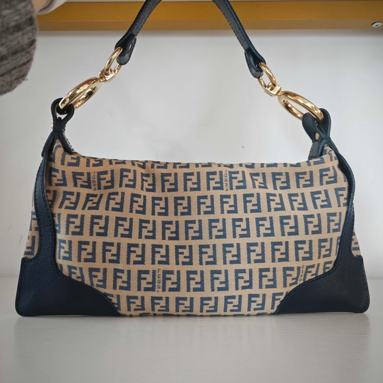 Fendi Zucchino Canvas Baguette Bag Blue and Beige