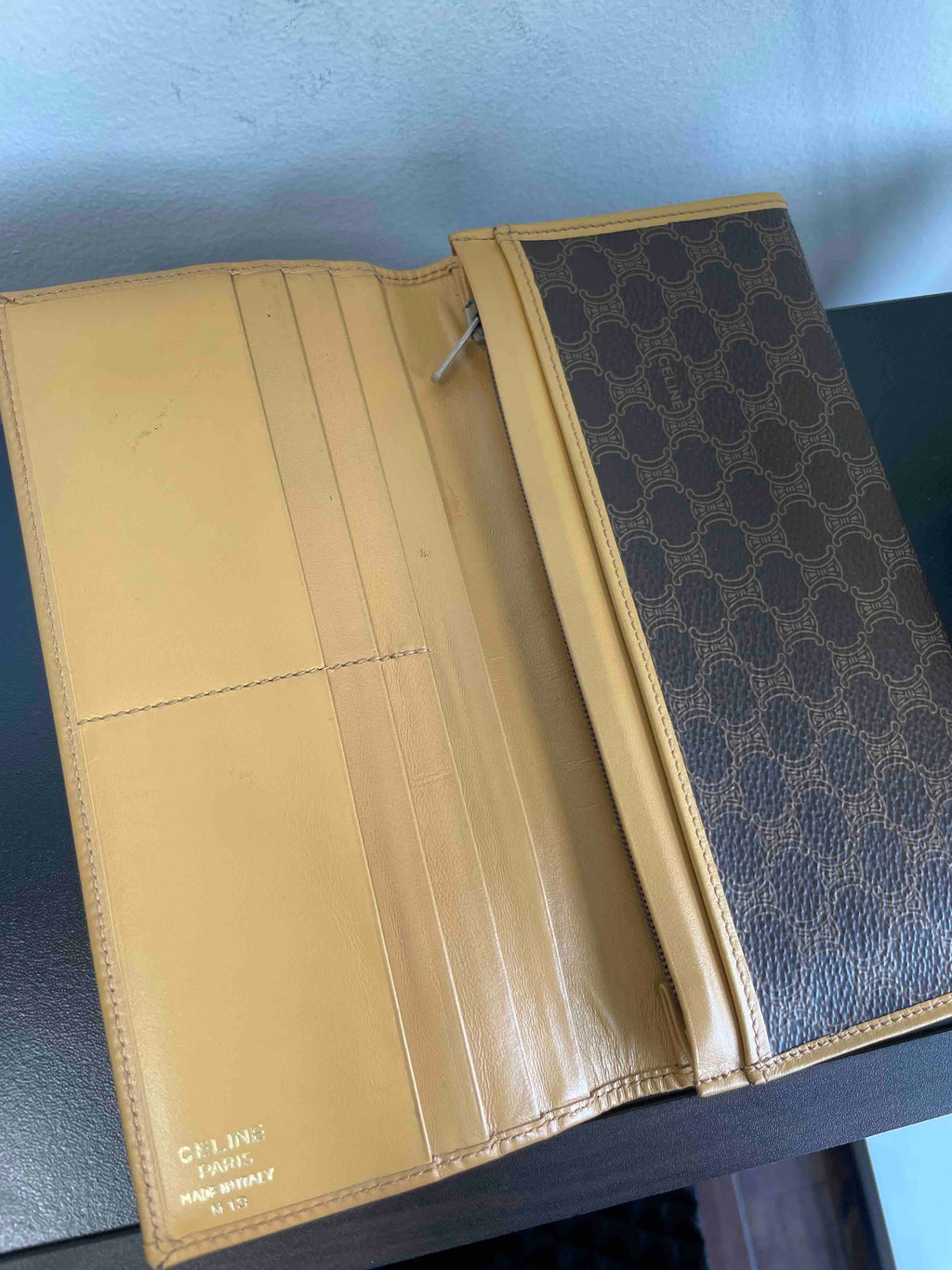Celine Vintage Macadam Triomphe Brown Canvas Long Wallet