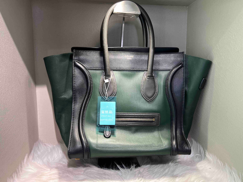 CELINE Luggage Smiling Face Bag in Green and Black Leather