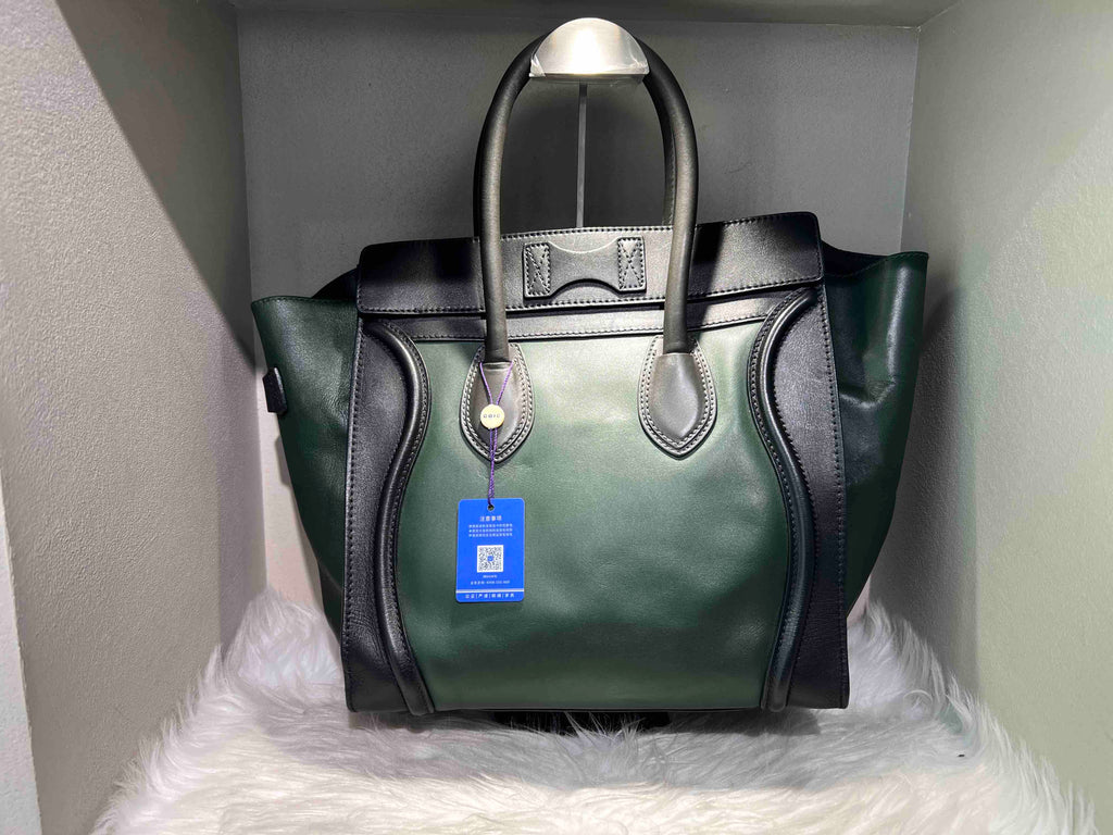 CELINE Luggage Smiling Face Bag in Green and Black Leather
