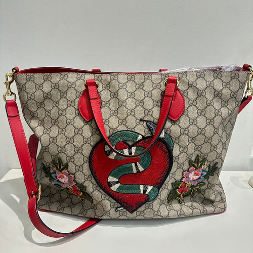 Gucci Ophidia Beige Canvas Shoulder Bag with Snake Heart Motif