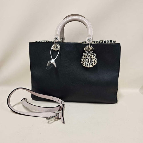 Dior Black Leather Top Handle Bag with Pink Strap and Animal Print Charm