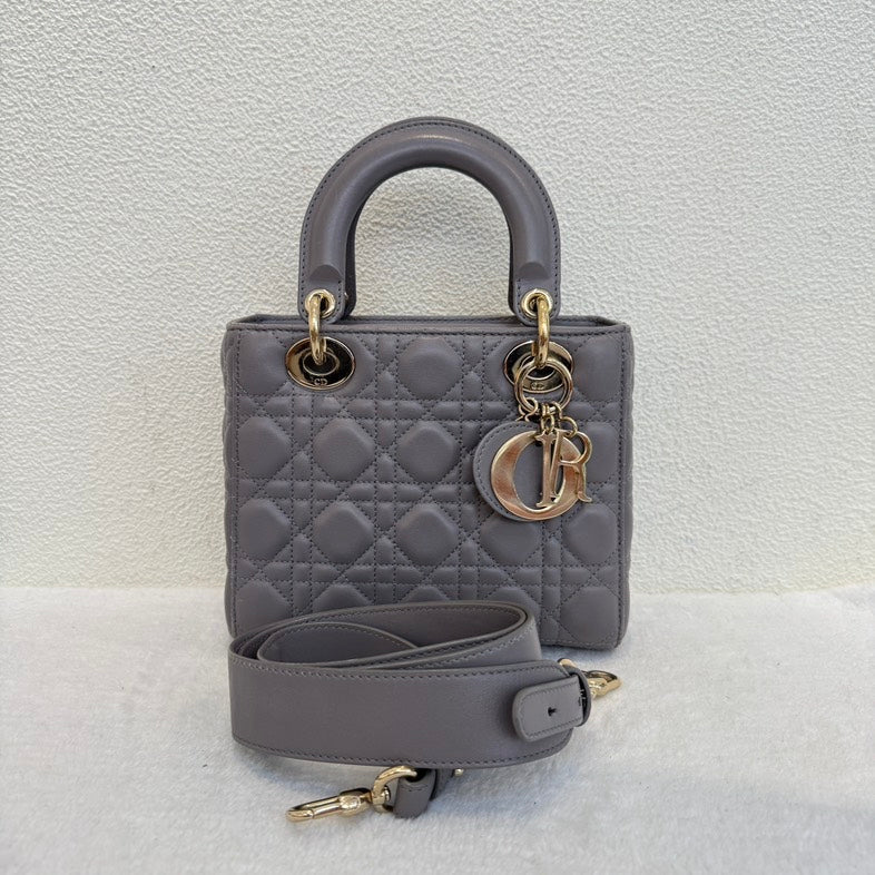 Dior Lady Dior Mini Gray Leather Shoulder Bag with Original Card