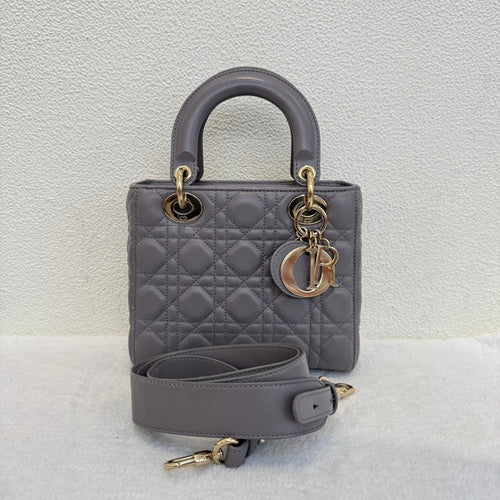 Dior Lady Dior Mini Gray Leather Shoulder Bag with Original Card